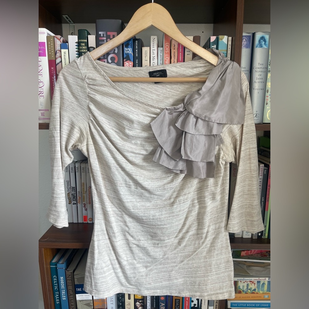 Anthropologie Deletta Asymmetrical Ruffle Shoulder Top Draped Knit Blouse S